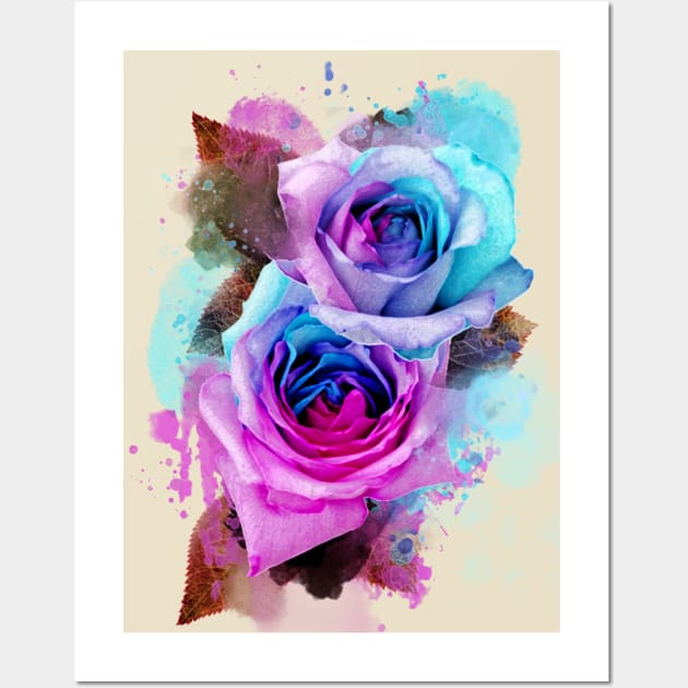 Blue and pink watercolour rainbow roses Wall Art by Blacklinesw9